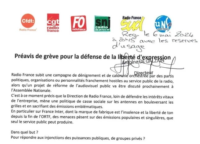 Préavis de grève Radio-France - Liberté d'expression - solidarité avec Meurice
